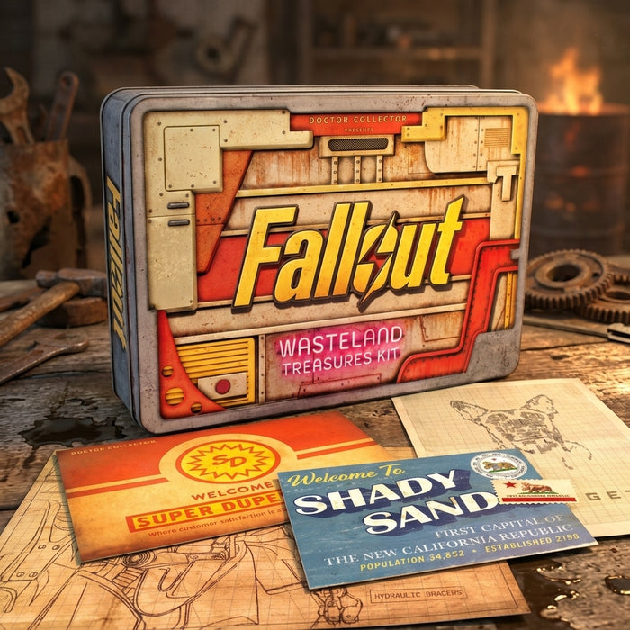 Fallout Wasteland Treasures Kit with spread-out paper props on a scrapyard workbench