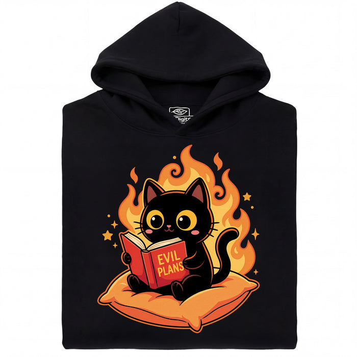 Gato Negro Leyendo "Evil Plans" - Planes Malvados con Estilo - Vista Principal Sudadera Negro