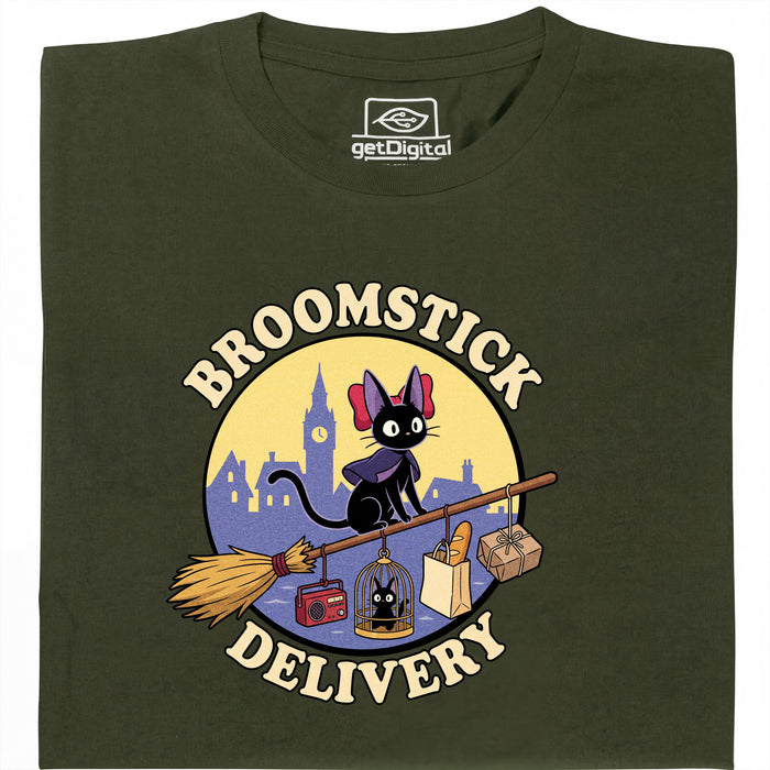 Broomstick Delivery - Il Gatto Prende in Mano il Servizio di Consegna - Veduta principale T-Shirt Verde Scuro