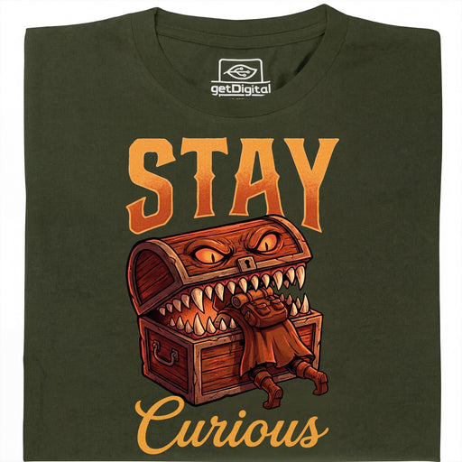 Stay Curious - Vista frontal Camiseta Verde Oscuro