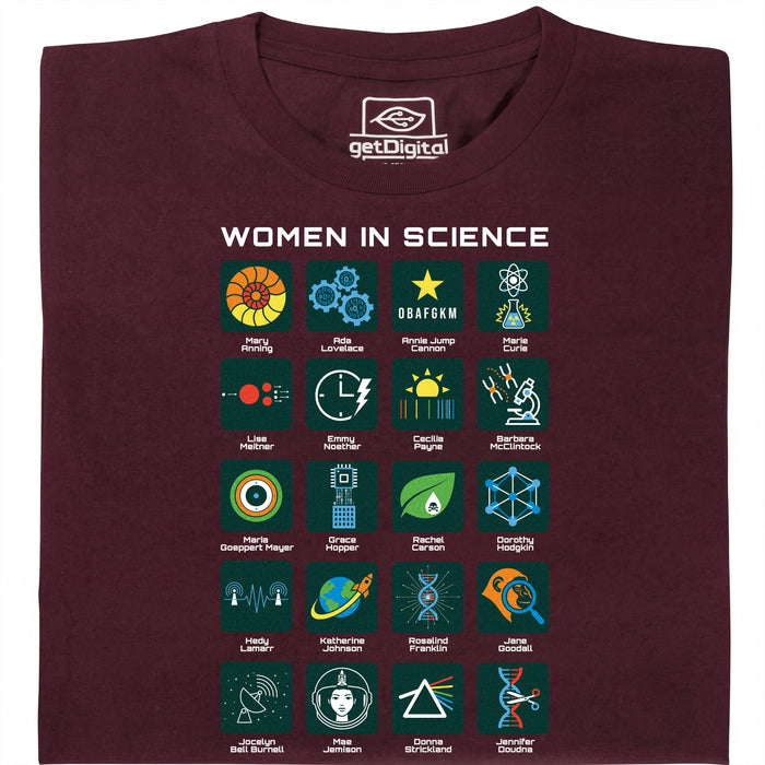 Women in Science - 20 Pioniersvrouwen van de Wetenschap - Hoofdweergave T-Shirt Donkerrood