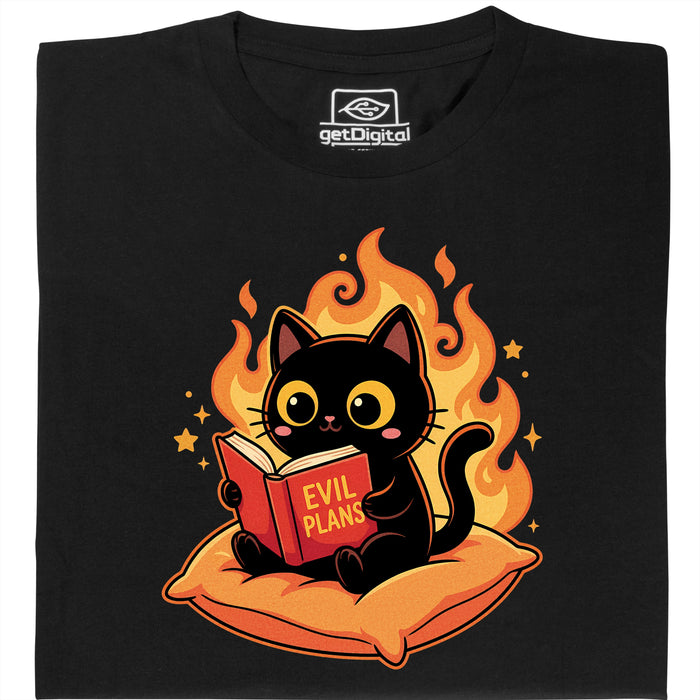 Gato Negro Leyendo "Evil Plans" - Planes Malvados con Estilo - Vista Principal Camiseta Negro