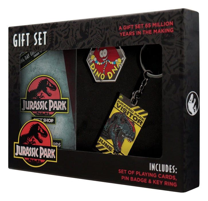 Caja regalo Jurassic Park con baraja de cartas, pin y llavero