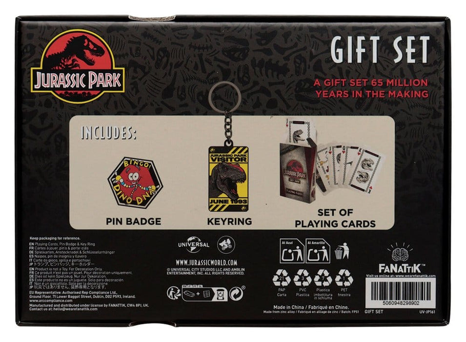 Caja regalo Jurassic Park con baraja de cartas, pin y llavero