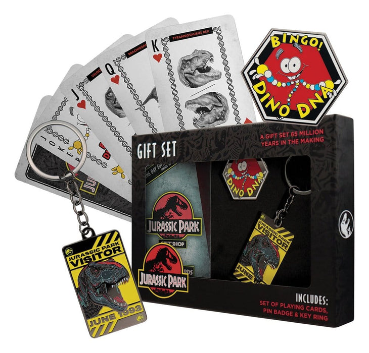 Caja regalo Jurassic Park con baraja de cartas, pin y llavero